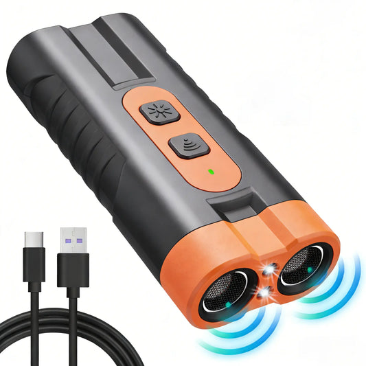 New Upgraded Two Headed Sonic Dog Repeller Ultrasonic Bark Stopper Flashlight 2 in 1 Device Rechargeable Portable Pet Barking Control Tool Must Have Pet Essentials for Dog Walkers Pet Lovers